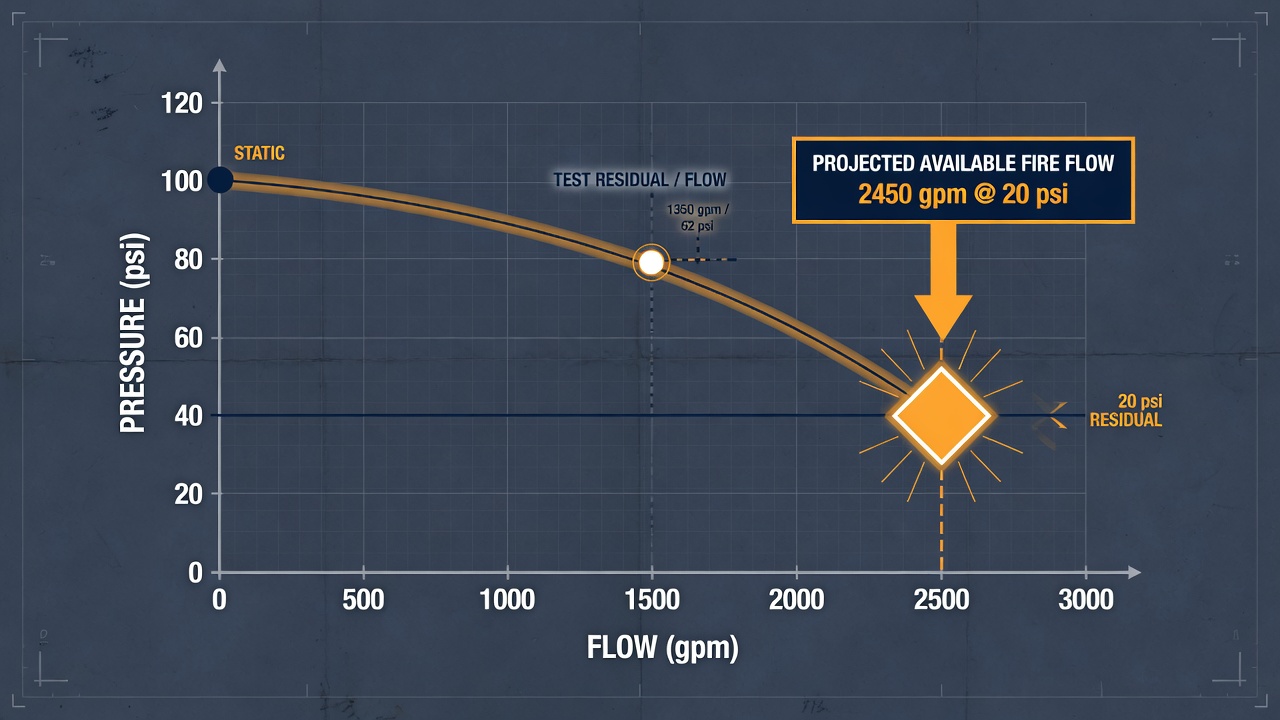 Water-supply curve diagram projecting available fire flow at 20 psi residual for sprinkler design