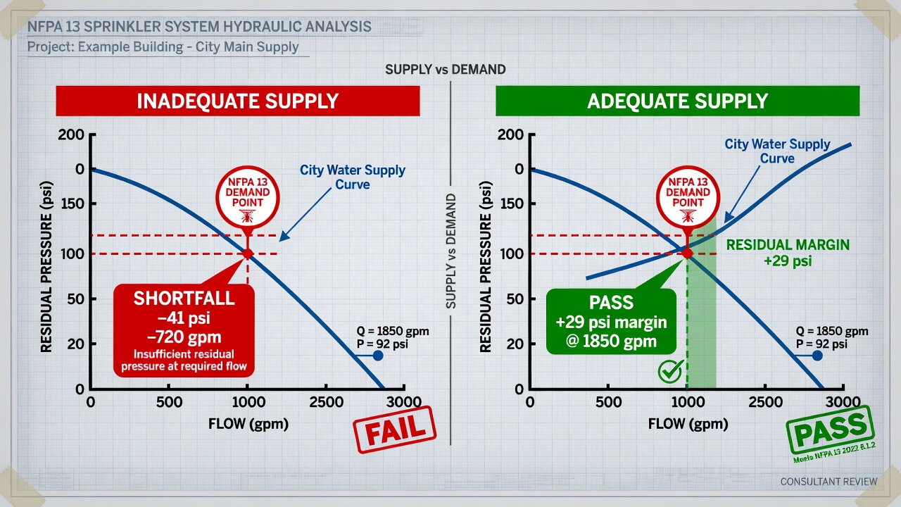 Side-by-side supply-versus-demand plots showing deficient and adequate fire sprinkler water supply cases