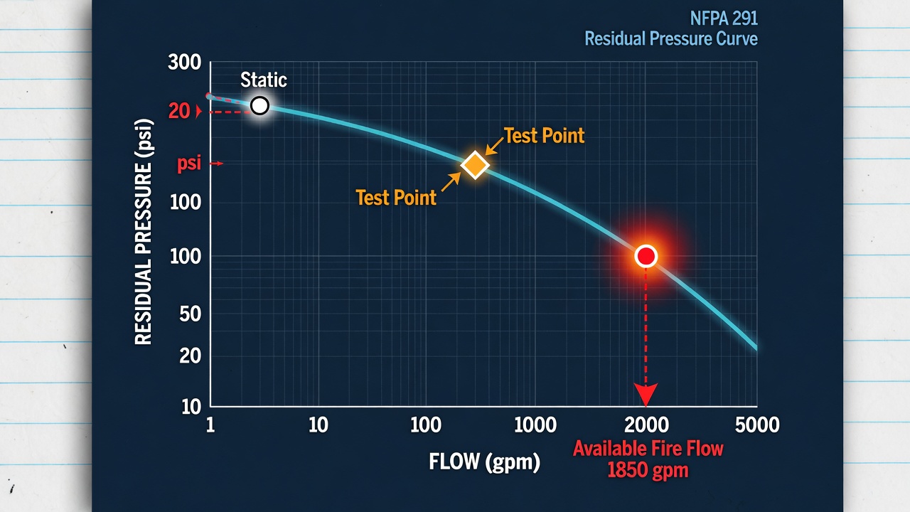 Log-log residual pressure curve showing NFPA 291 available fire flow intercept at 20 psi