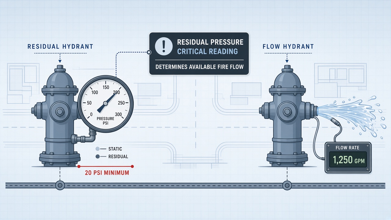 Diagram of two-hydrant flow test highlighting residual pressure and the 20 psi floor