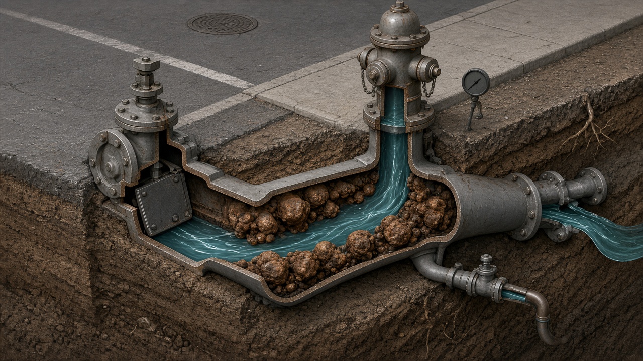 Cutaway root-cause map of low residual pressure from valves tuberculation and demand on a hydrant main