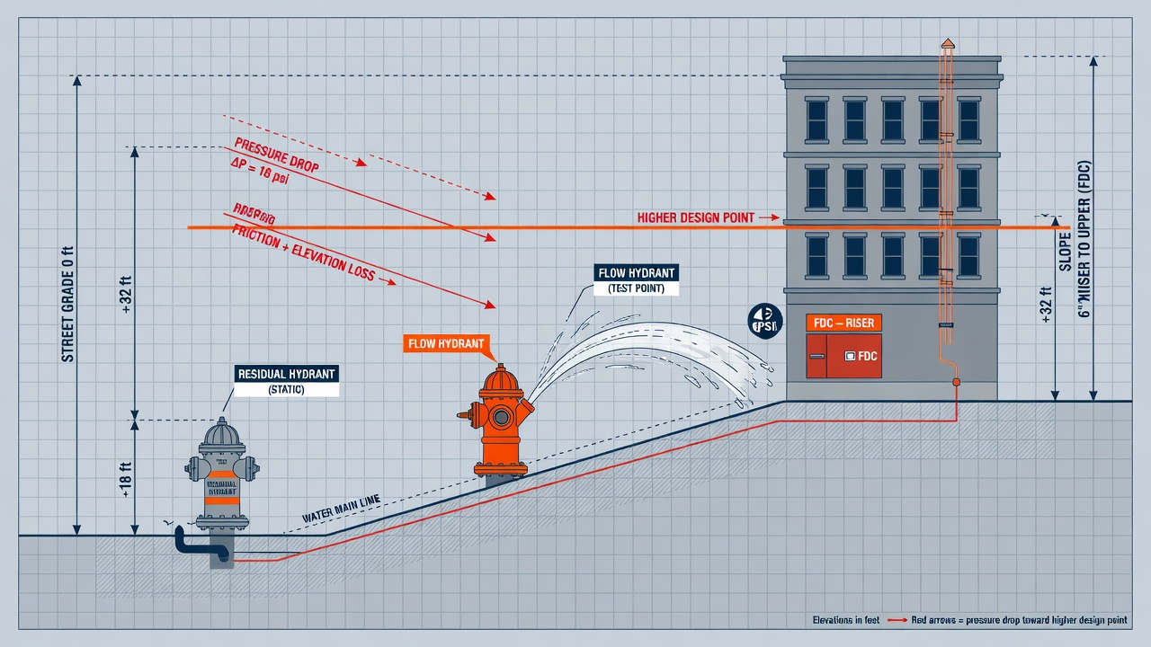 Diagram of uncorrected elevation between fire hydrants and an uphill building in an NFPA 291 flow test