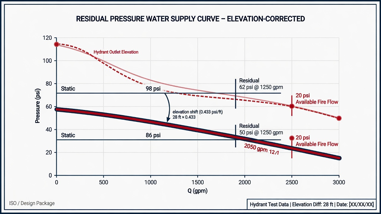 Water supply curve shifted from hydrant elevation to site design grade for NFPA 291 evaluation