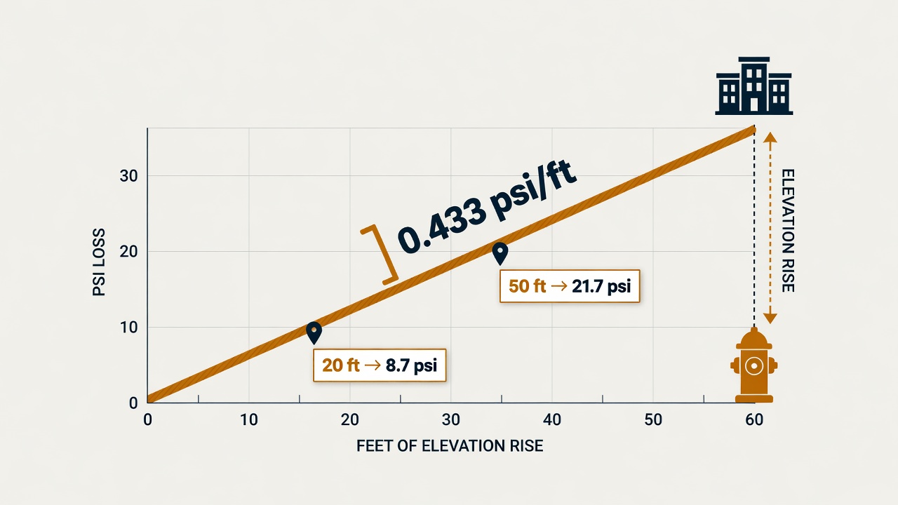 Conversion chart showing 0.433 psi per foot elevation difference for fire hydrant flow test pressure correction