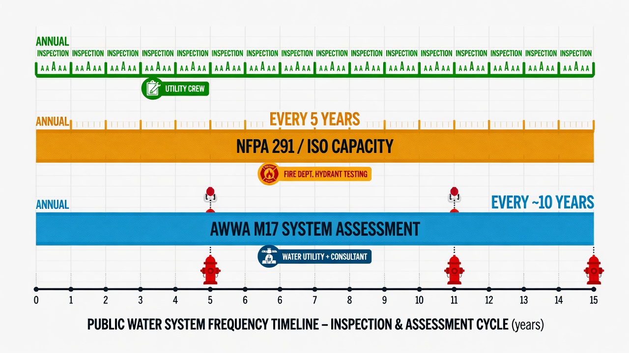 Public fire hydrant testing frequency timeline for NFPA 291, ISO credit, and AWWA M17