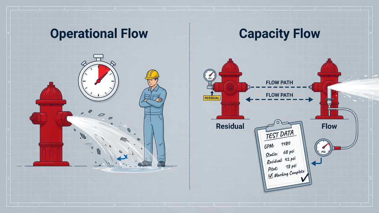 Diagram comparing annual operational fire hydrant flow test versus multi-year capacity flow test