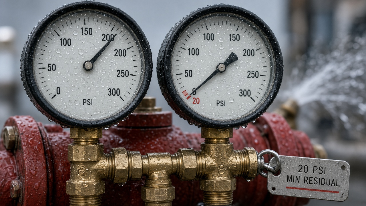 Pressure gauges on a hydrant capacity test showing static-to-residual drop above the 20 psi safe residual limit