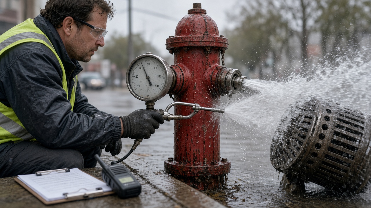 Field procedure for single-hydrant capacity test showing pitot reading and residual gauge on one hydrant