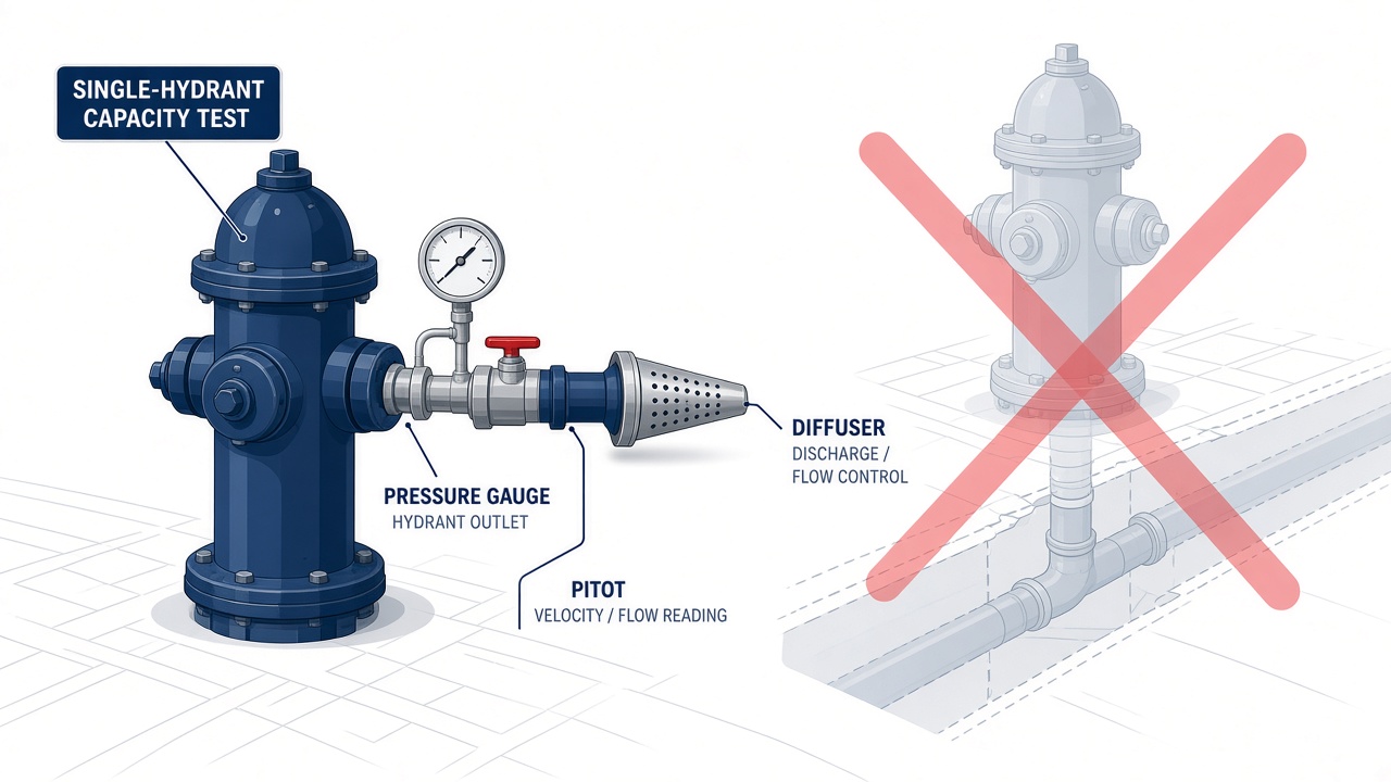 Diagram comparing single-hydrant capacity test setup versus multi-hydrant main capacity testing
