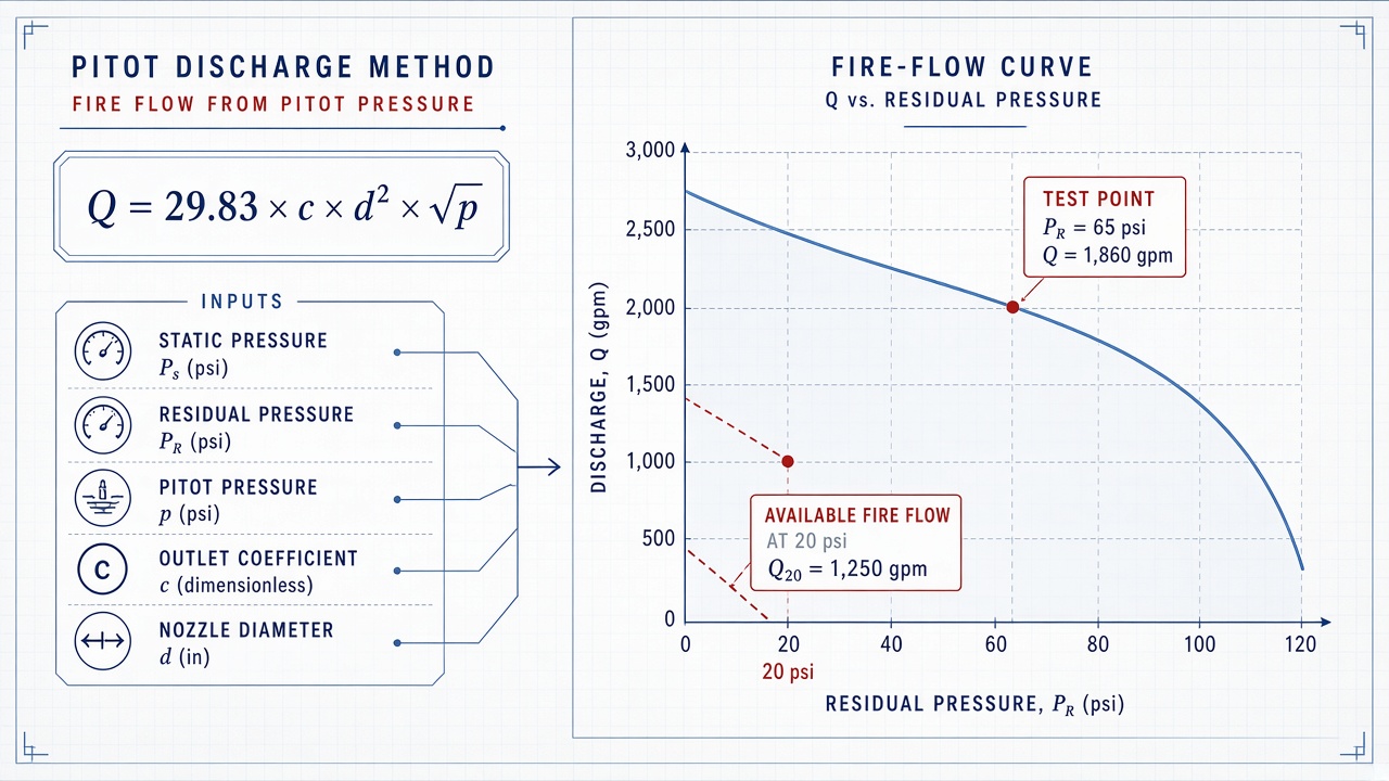 Technical graphic of pitot flow equation and available fire flow curve from single-hydrant capacity test data