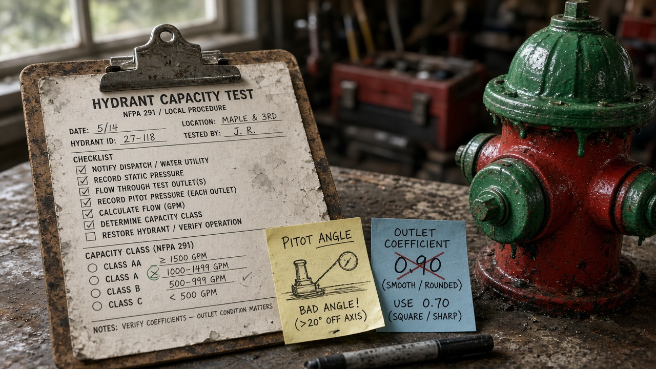 Checklist and color-coded fire hydrant illustrating common single-hydrant capacity test errors and NFPA 291 limits
