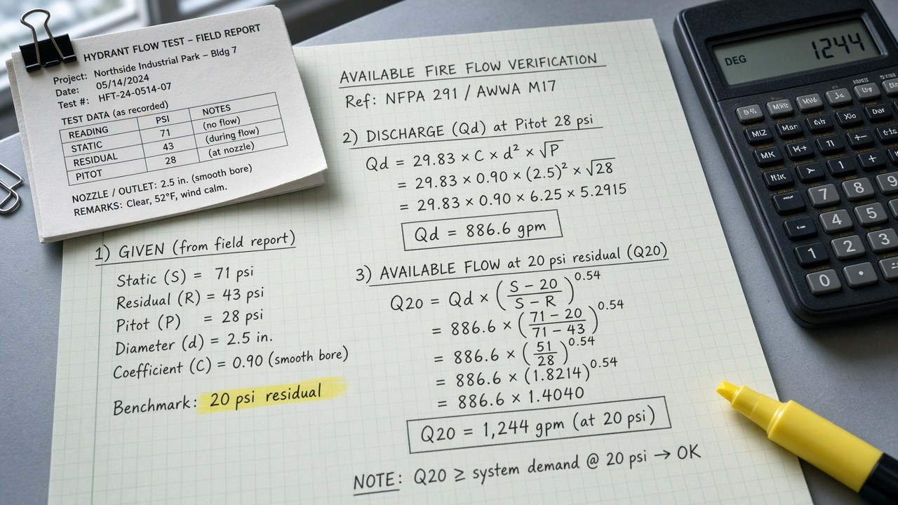 Desk-side calculation verifying available fire flow at 20 psi from hydrant flow test report numbers