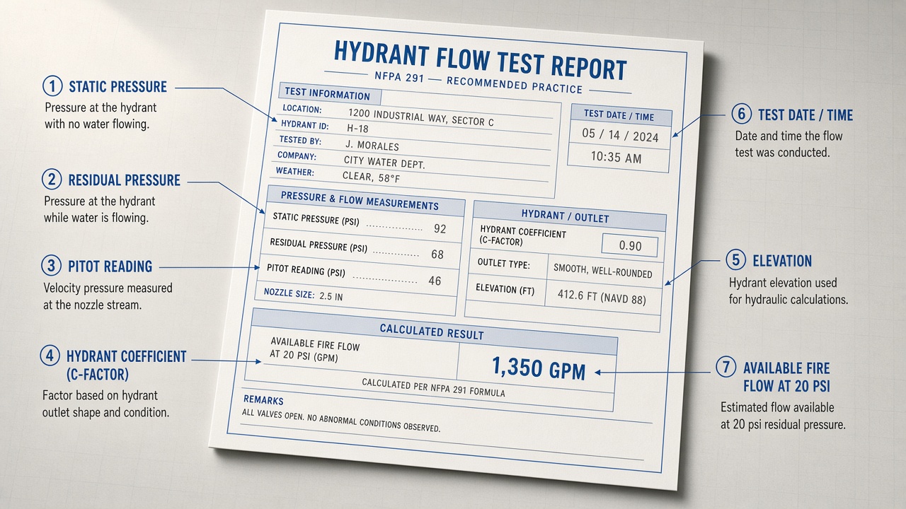 Annotated hydrant flow test report labeling static, residual, pitot, C-factor, and available fire flow fields