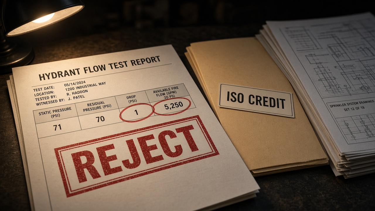 Hydrant flow test report marked with red flags for invalid residual drop and inflated available fire flow