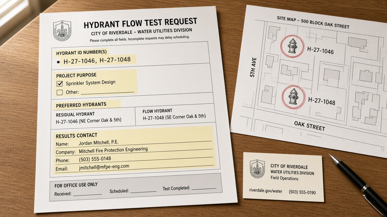 Annotated municipal fire hydrant flow test request form showing required fields and hydrant IDs