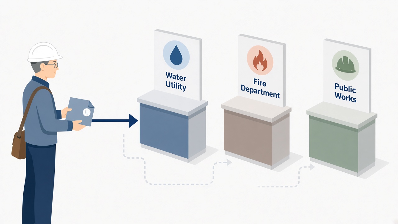 Diagram of who to contact first for a municipal fire hydrant flow test among water utility fire and public works