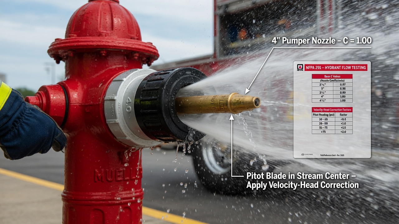 Pumper outlet hydrant flow test with pitot tube and NFPA 291 velocity-head C factor corrections
