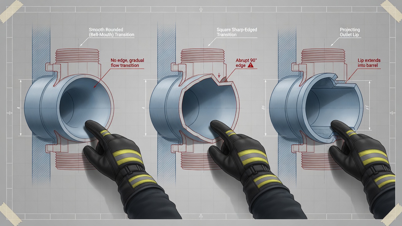 Cross-section diagram of rounded, square, and projecting fire hydrant outlets for C factor field identification