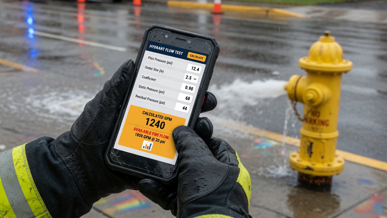 Mobile hydrant flow test calculator showing GPM and available fire flow results in the field