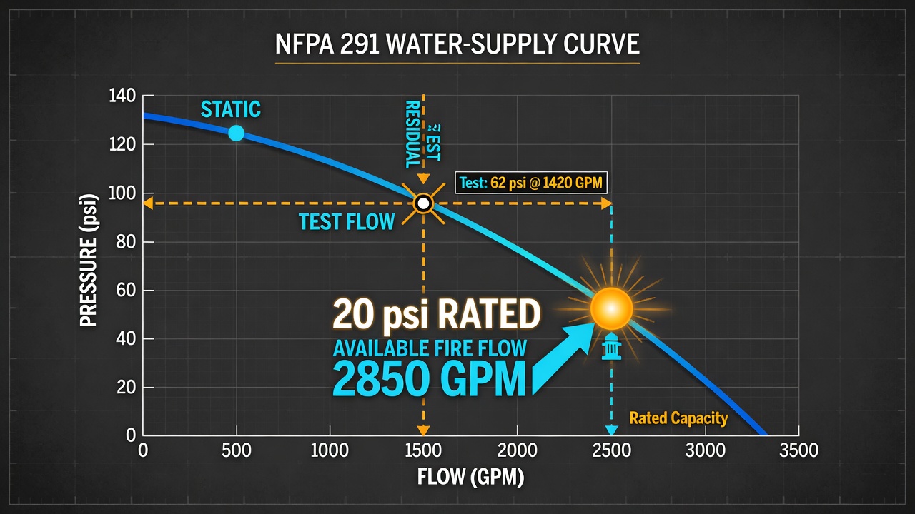 NFPA 291 available fire flow curve from static residual to 20 psi rated point