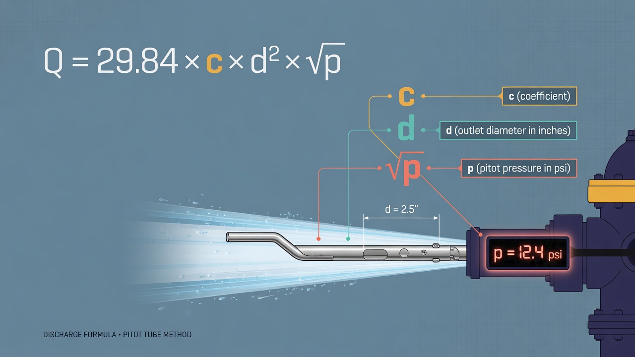 Q formula for pitot gauge hydrant flow calculation with c d and p variables