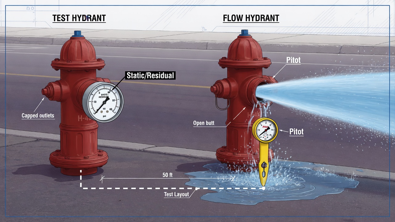 Diagram of hydrant flow test setup with static residual gauge and pitot readings