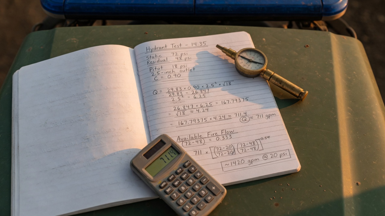 Worked hydrant flow test example calculating GPM from pitot and residual readings