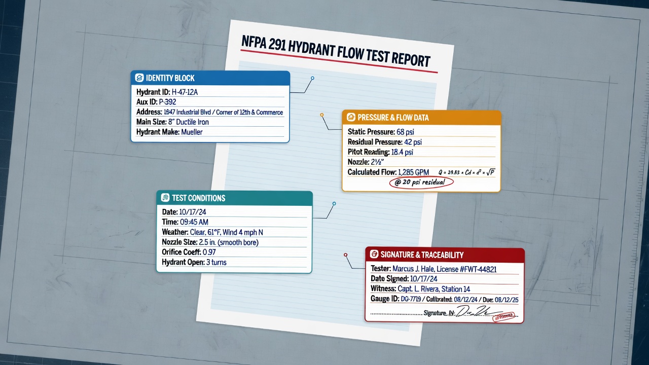 Annotated NFPA 291 hydrant flow test report form showing required identity, pressure, conditions, and signature fields