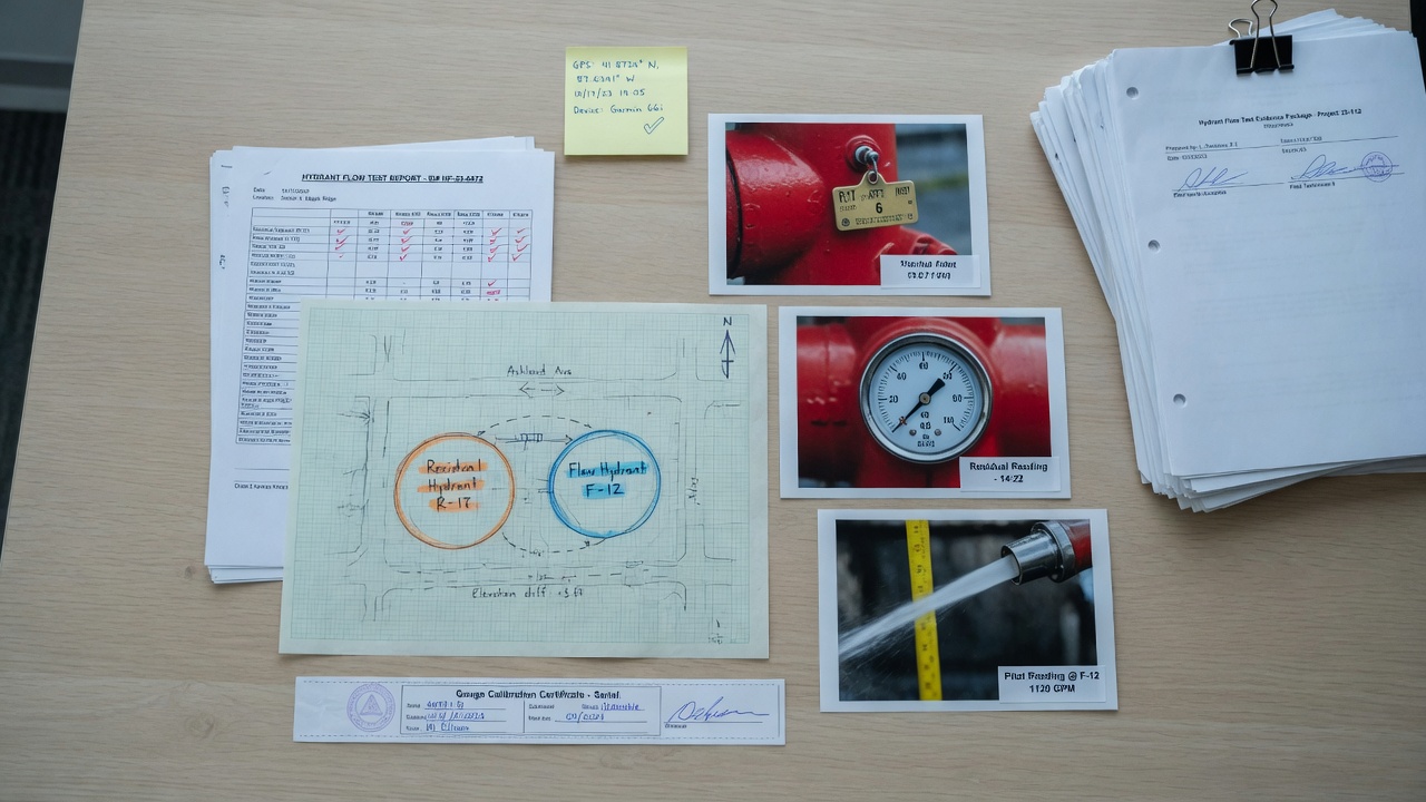Complete NFPA 291 evidence package with labeled hydrant photos, flow test sketch, GPS tag, and signed data sheet