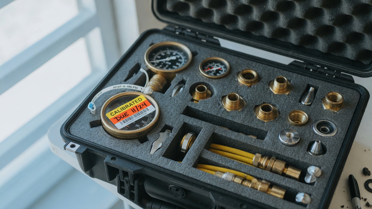 Calibrated pitot gauge with sticker and organized hydrant flow test kit in an open hard case