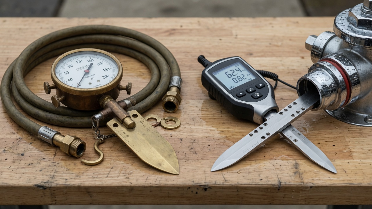 Analog liquid-filled pitot gauge assembly beside a digital pitot gauge at a hydrant outlet