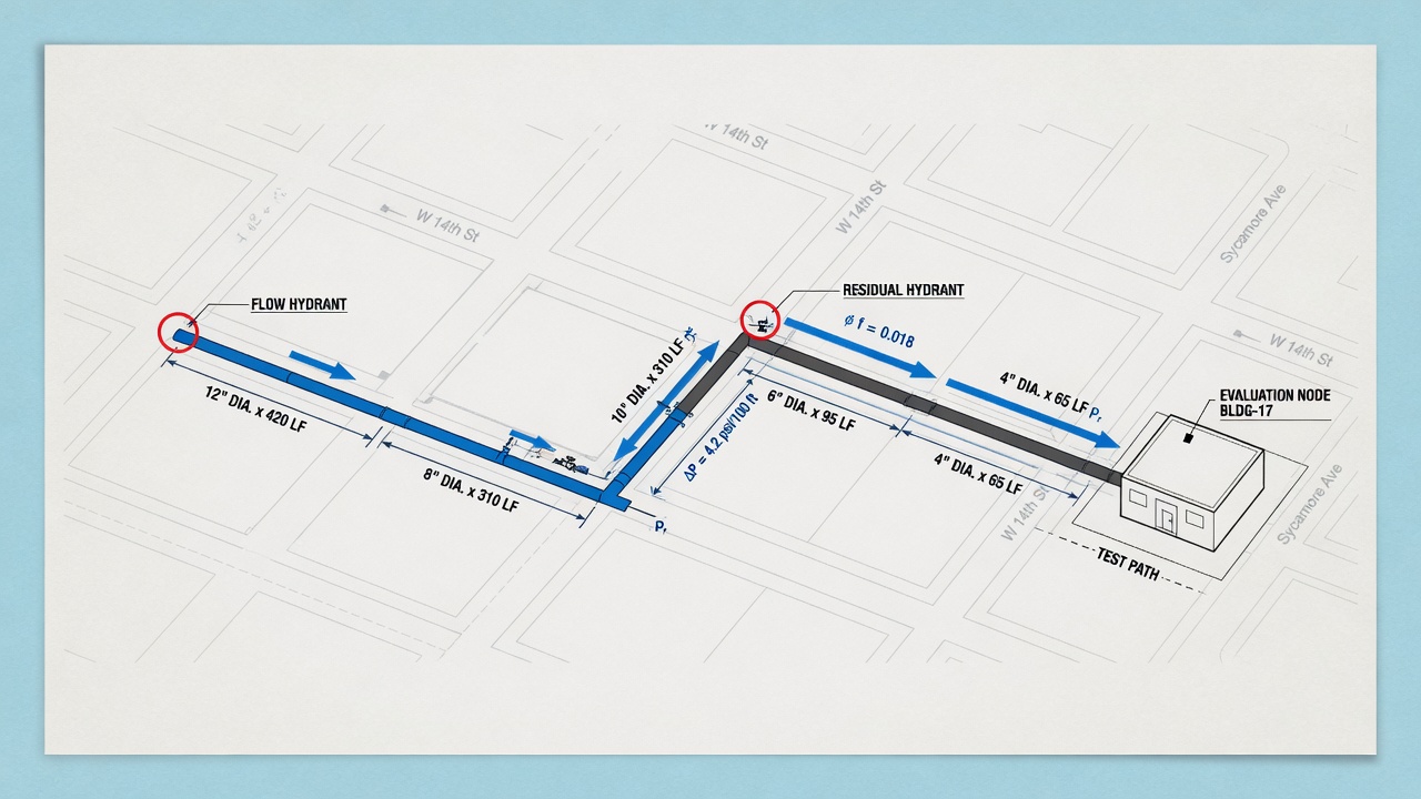 Schematic map of friction loss path from residual hydrant through water mains to building evaluation node