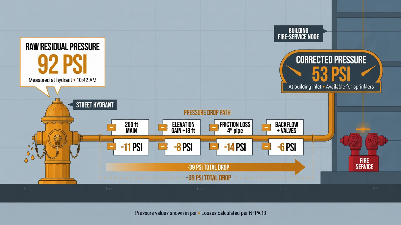 Diagram translating residual hydrant pressure to corrected supply pressure at a remote building node after friction loss
