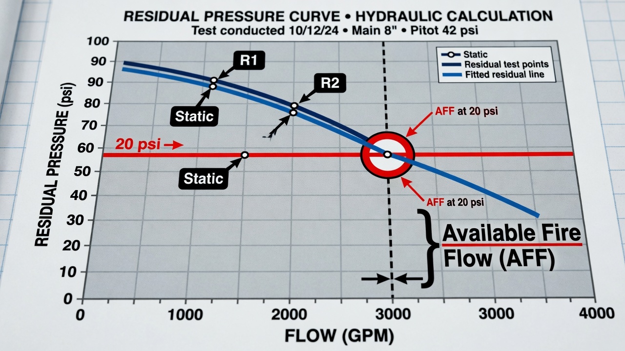 Available fire flow read at the 20 psi residual intercept on a hydrant flow residual pressure curve