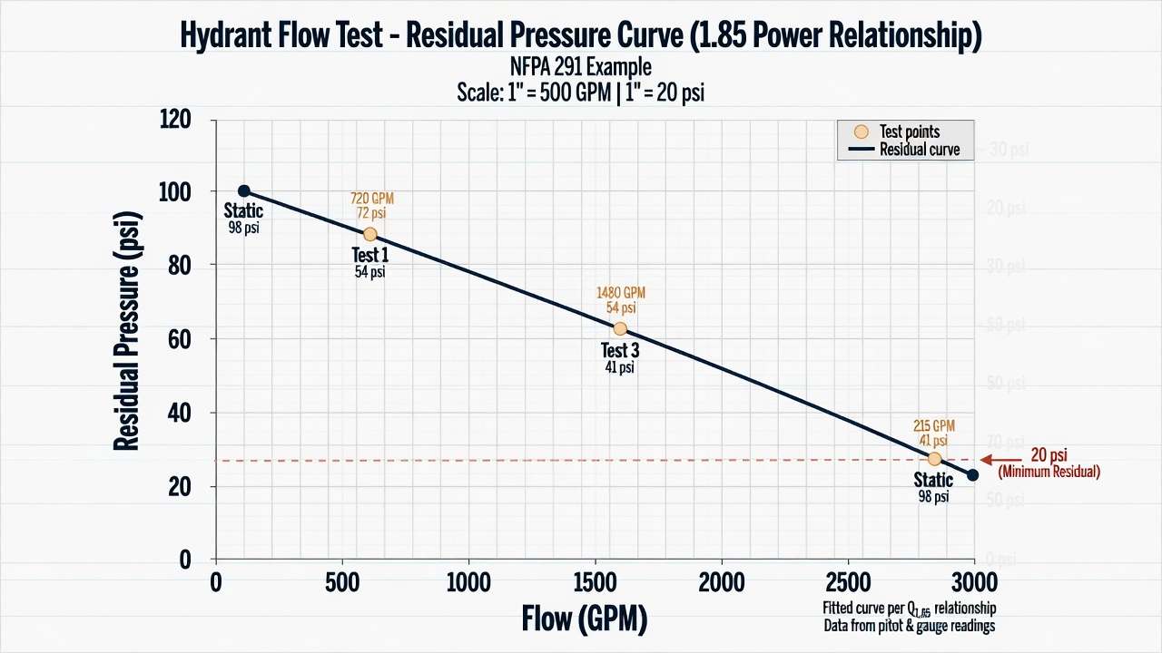 Residual pressure curve fitted with 1.85-power relationship through static and flow test points