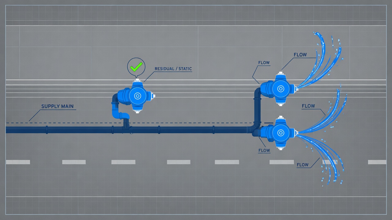 NFPA 291 correct multi-hydrant flow test layout with residual hydrant between supply and flow hydrants