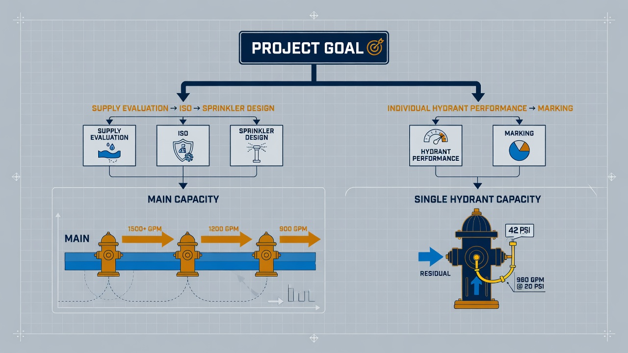 Decision flowchart choosing NFPA 291 main capacity vs hydrant capacity flow test by project goal