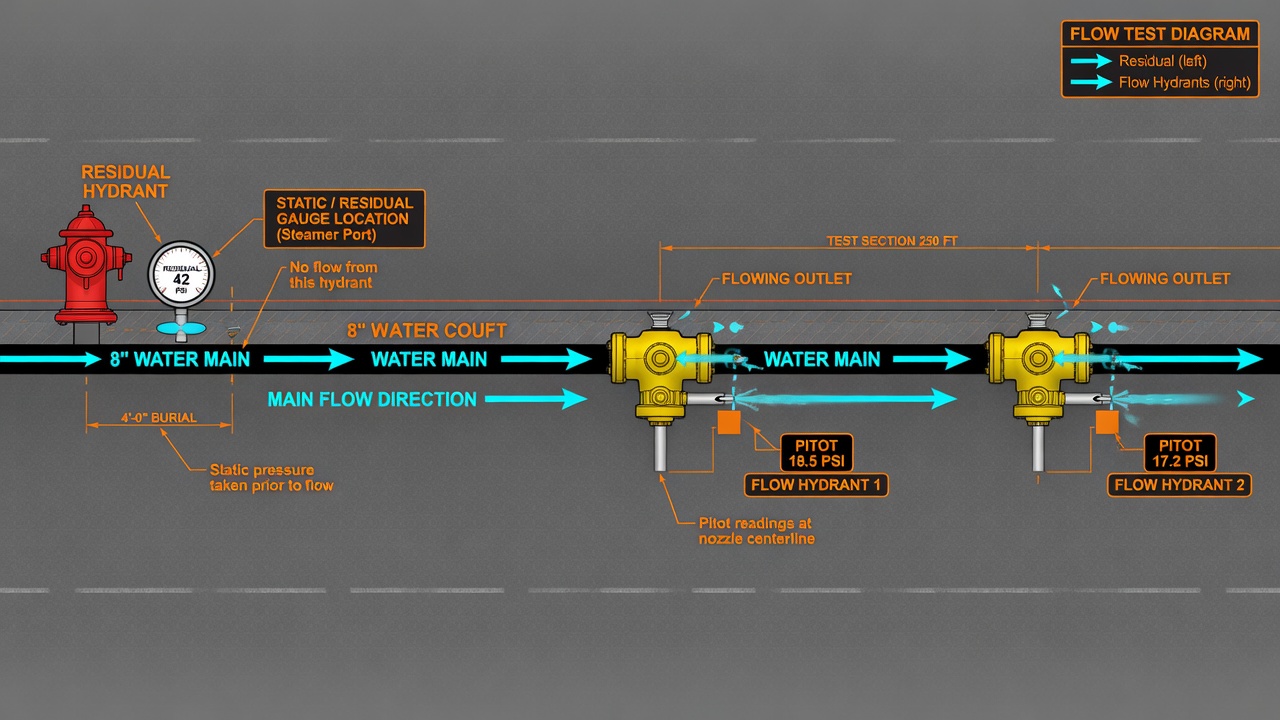 Plan-view diagram of NFPA 291 main capacity test with residual hydrant and separate flow hydrants
