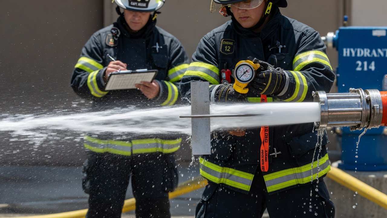 Technician centering a pitot blade in a hydrant stream to measure velocity pressure for fire flow testing
