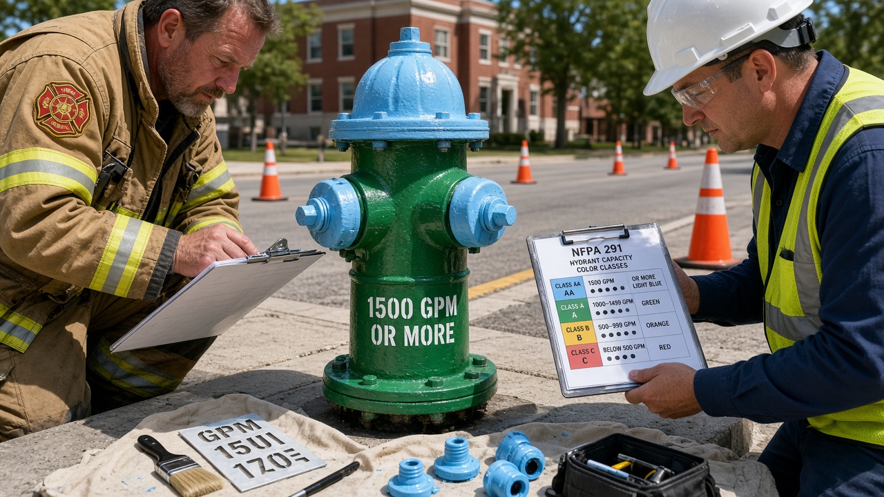 NFPA 291 hydrant barrel and bonnet color-coding verified after capacity class marking updates