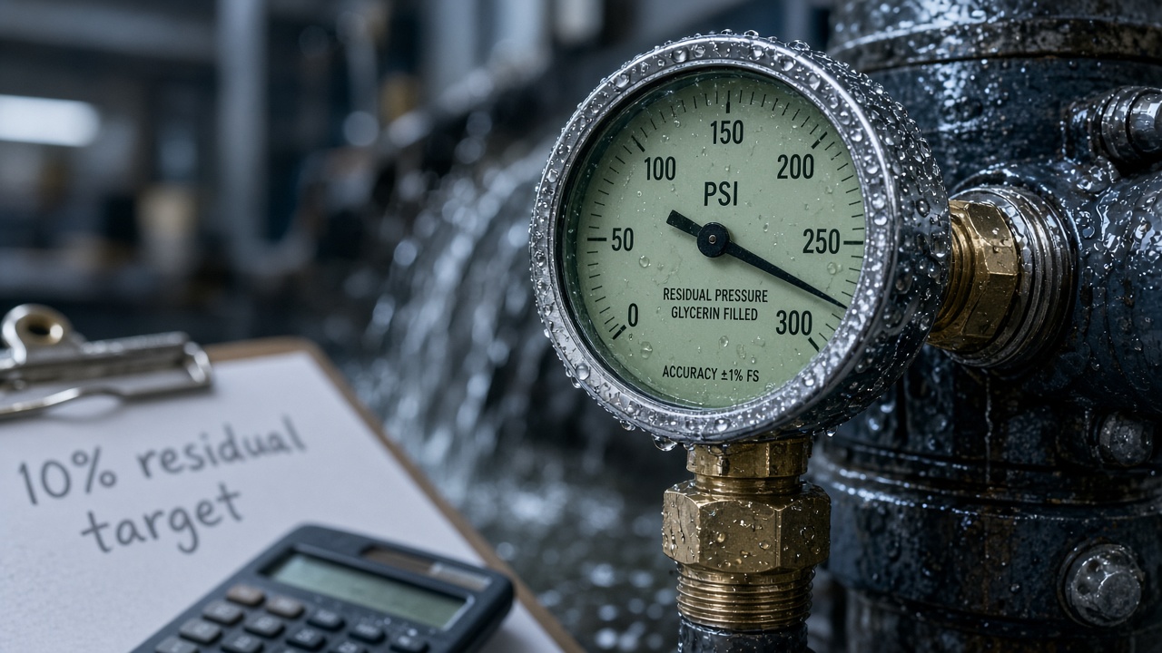 NFPA 291 pressure gauge showing modest 10% residual pressure drop during hydrant flow test
