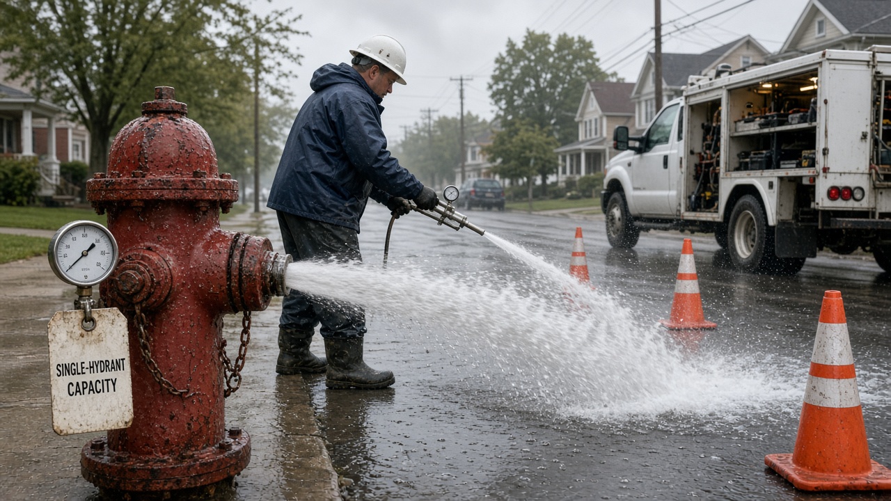 Single-hydrant capacity test under NFPA 291 2022 with pitot tube and residual gauge
