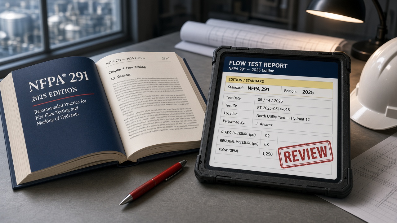 NFPA 291 2025 edition code book and tablet with hydrant flow test report for testers