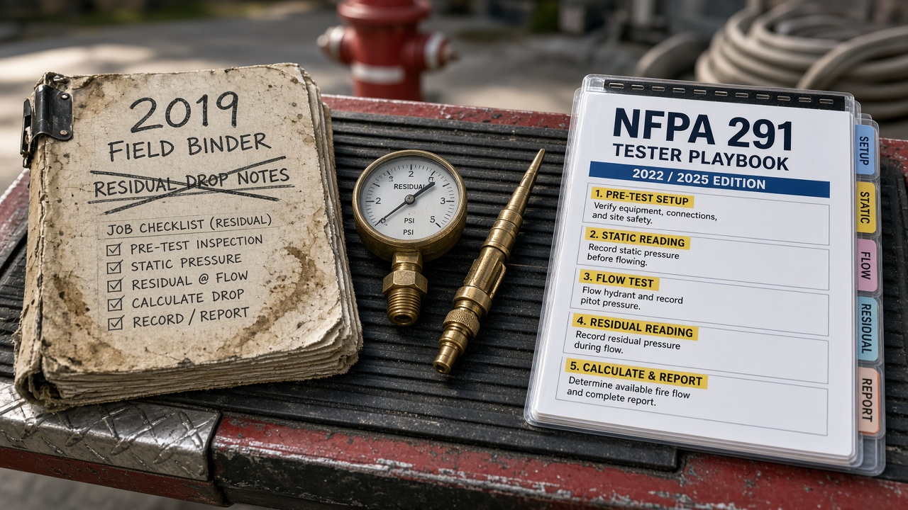 NFPA 291 2019 field notes beside updated 2022 and 2025 tester playbook on truck tailgate
