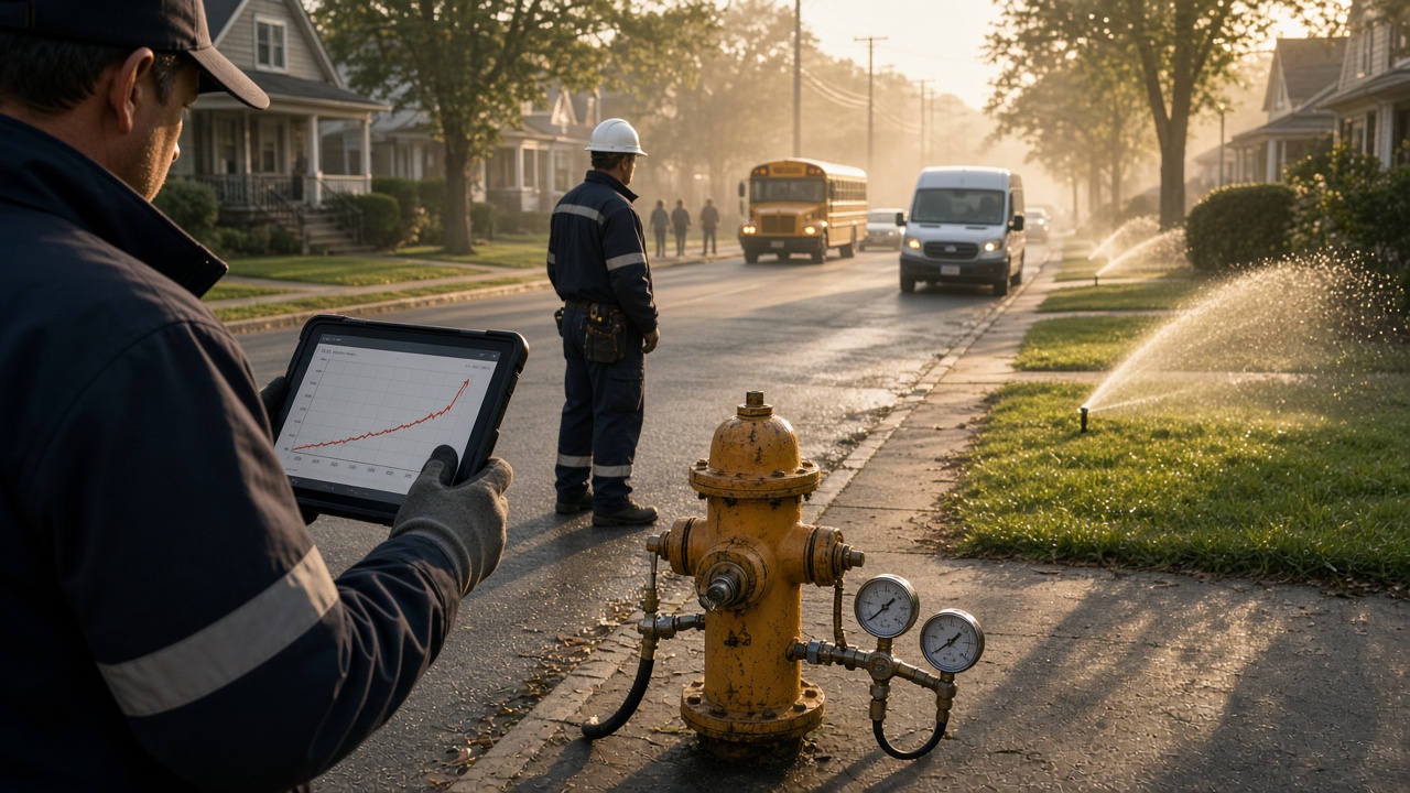NFPA 291 hydrant test crew timing flow test during municipal peak water demand morning