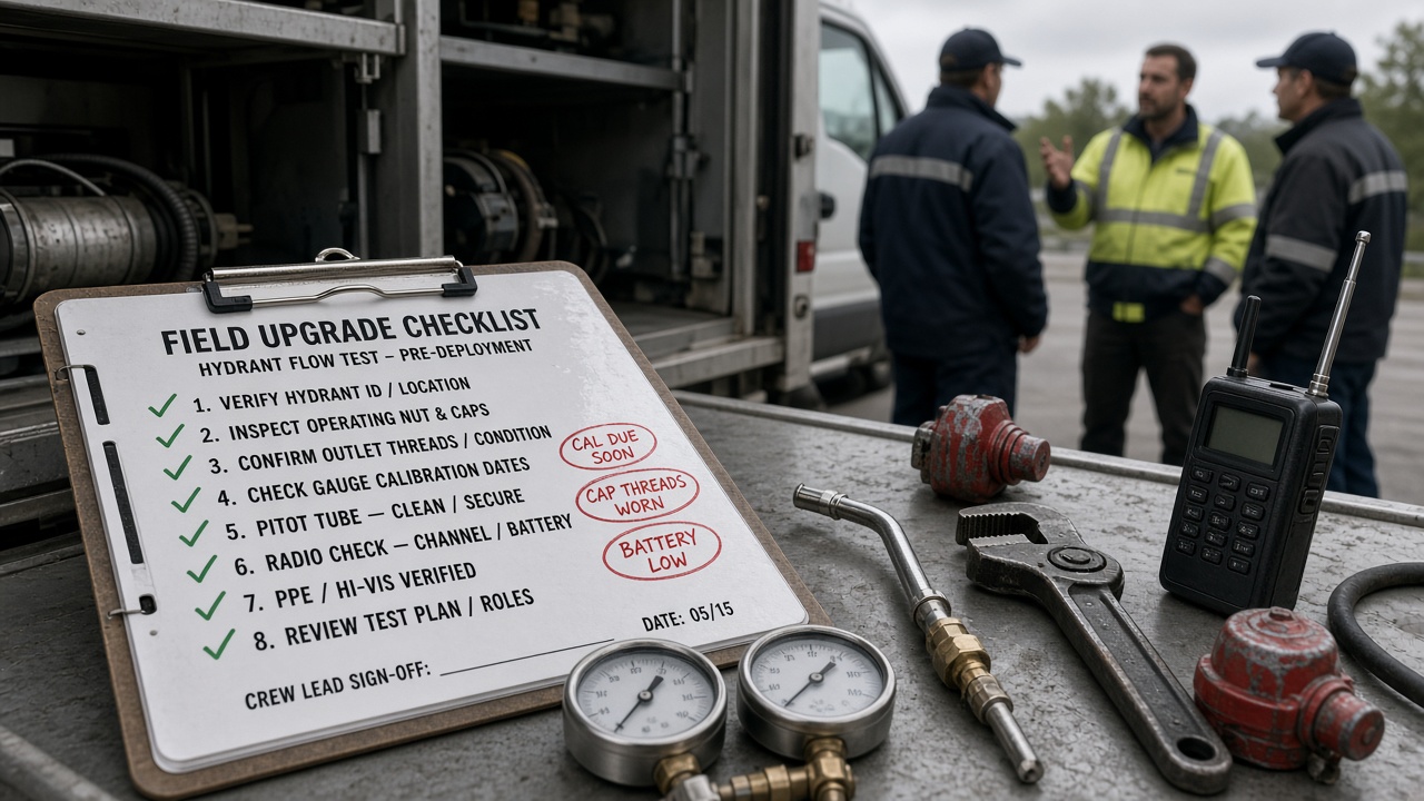 NFPA 291 upgrade checklist with hydrant test gauges, pitot, and crew briefing for red flags