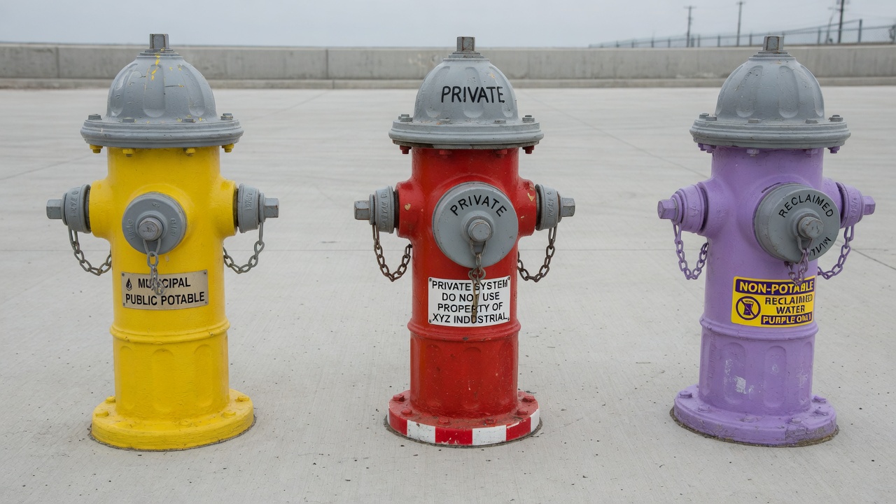 NFPA 291 fire hydrant barrel colors showing chrome yellow municipal, red private, and violet non-potable water sources