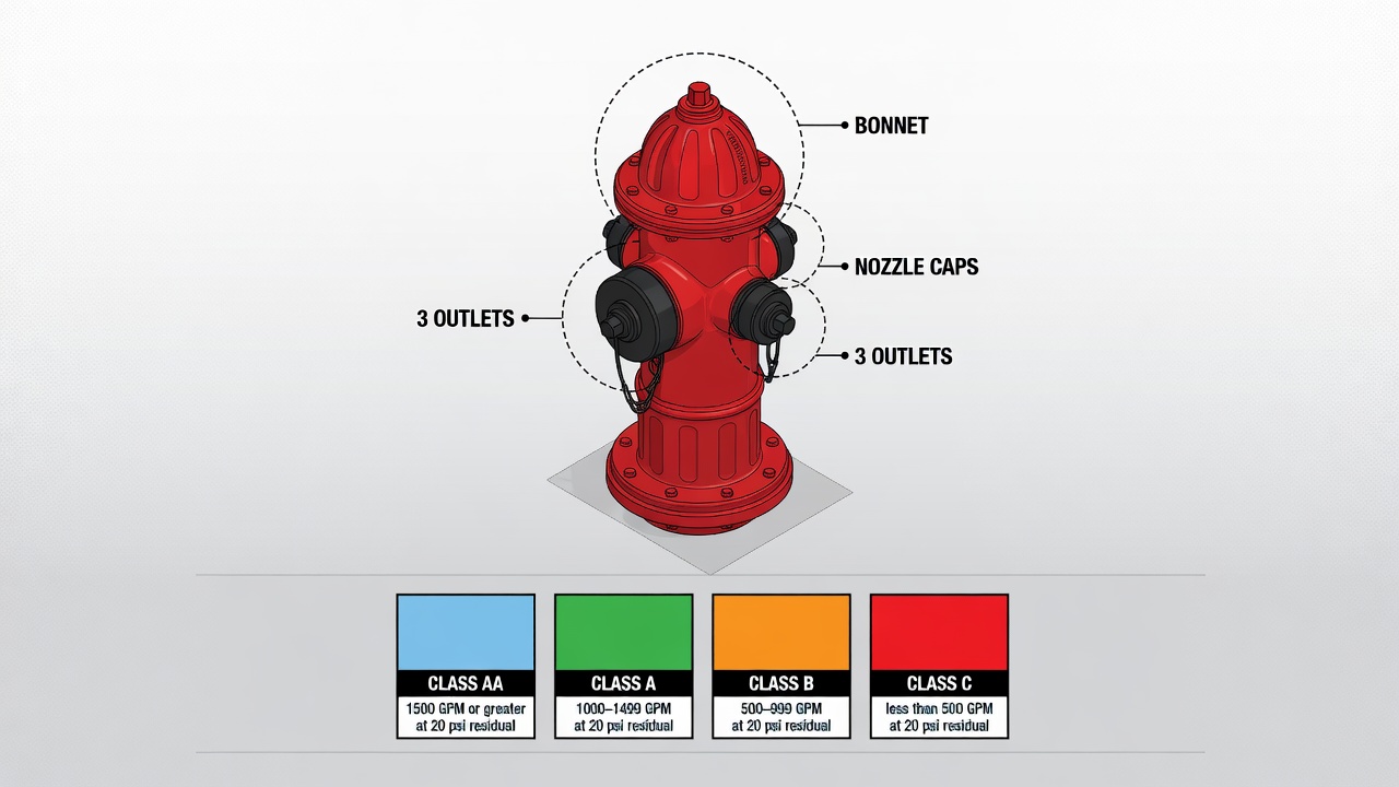 NFPA 291 fire hydrant bonnet and cap color chart for Class AA light blue, A green, B orange, and C red flow capacity