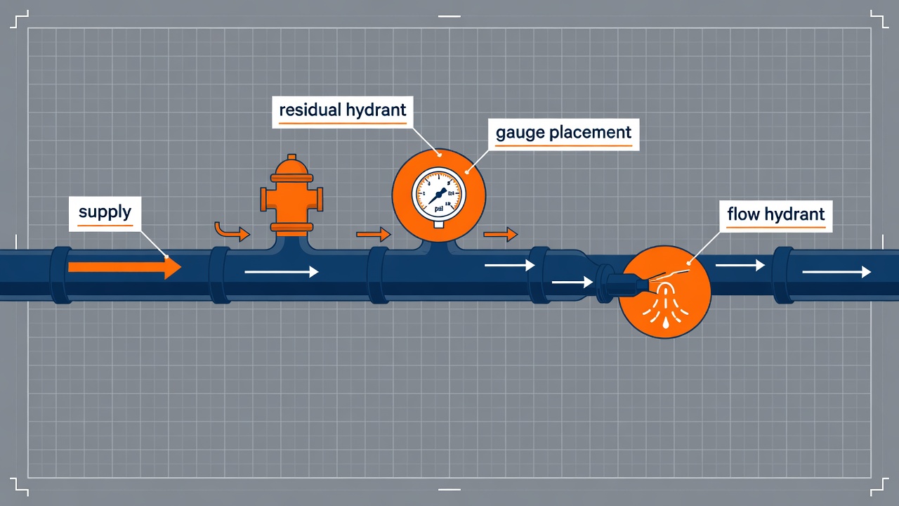 Street-main diagram showing residual and flow hydrant pairing for an NFPA 291 fire hydrant flow test
