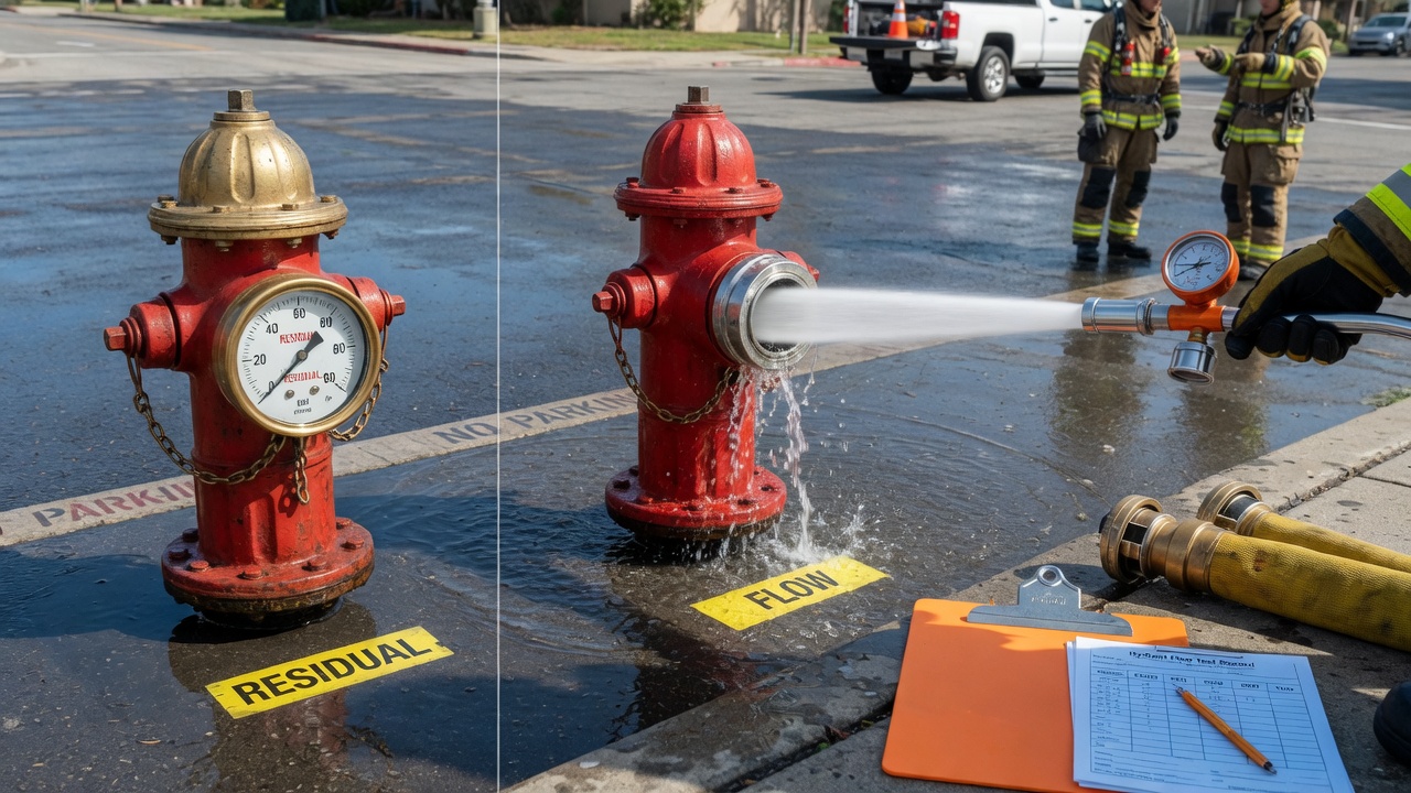 Residual hydrant cap gauge and flow hydrant diffuser with pitot tube positioned for clean NFPA 291 flow test readings